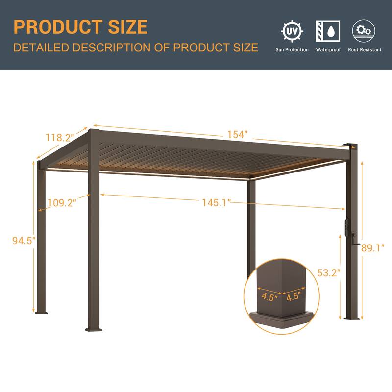 LIVOOSUN Outdoor Detachable Control Panel LED Equipped Pergola, Solar and USB Charging Options, Brown