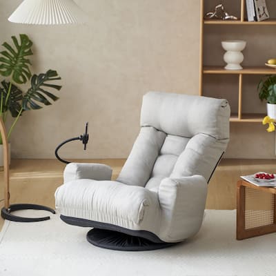 Gray Upholstered 360° Swivel Manual Leisure Recliner with Mobile Phone Holder, Adjustable Headrest and Backrest
