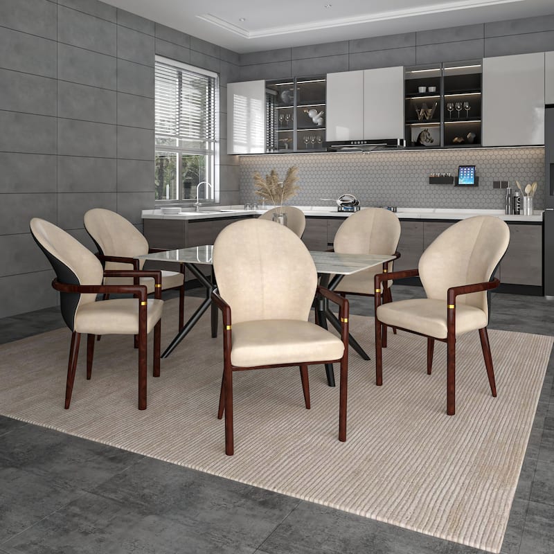 LeisureMod Modern Leather/Velvet Dining Chair - Elegant Armchair in Rubberwood with Gold Accents for Home Furniture