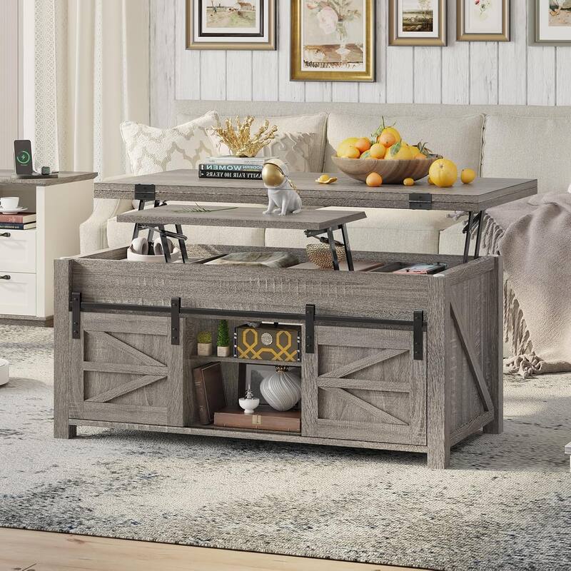 Lift Top Coffee Table Living Room 4 Sliding Barn Doors Adjustable Shelves