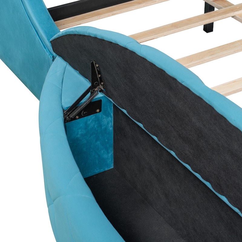 Low Profile Bed Queen Size Velvet Upholstered Platform Bed with Wingback Headboard, Big Drawer and 2 Semicircle Side Stools