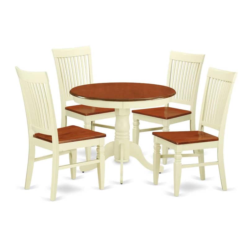Rustic Dining Set 5 Piece - Kitchen Table & 4 Chairs - Round Table with Wood Seats - Farmhouse Style