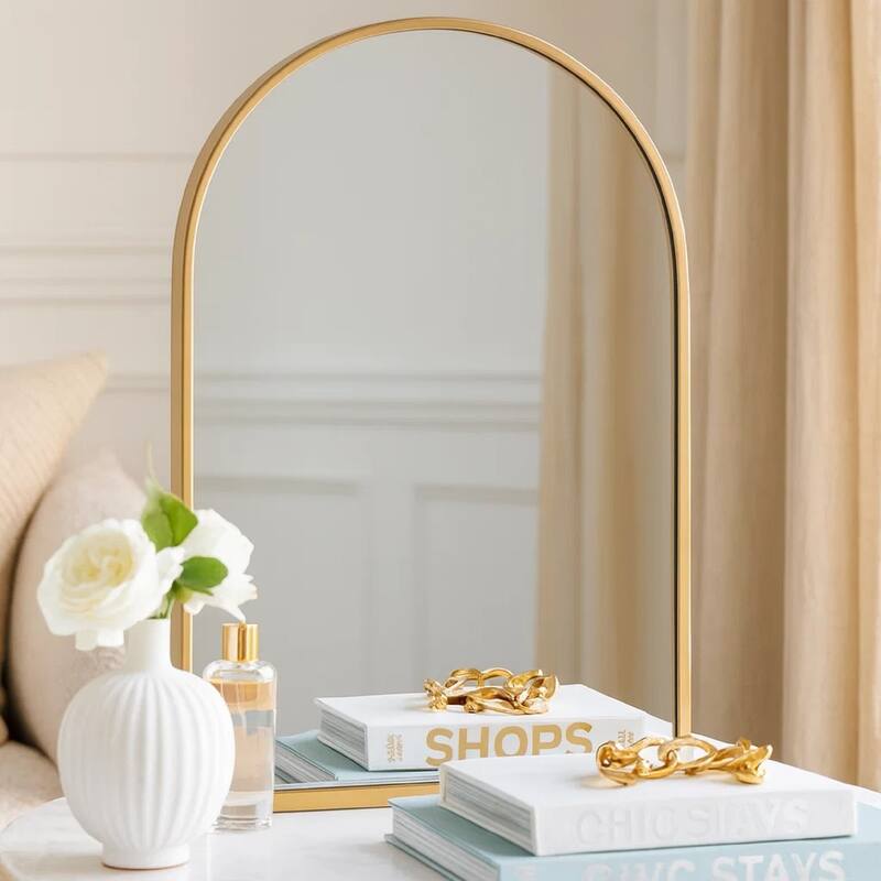 Cod 36 Inch Wall Mounted Mirror, Wide Arched Design Gold Metal Frame