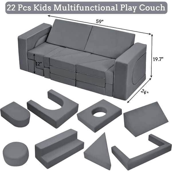 dimension image slide 1 of 2, 22Pcs Modular Kids Play Couch, Toddler Play Foam Convertible Couch, Floor Sofa for Children for Playroom Bedroom