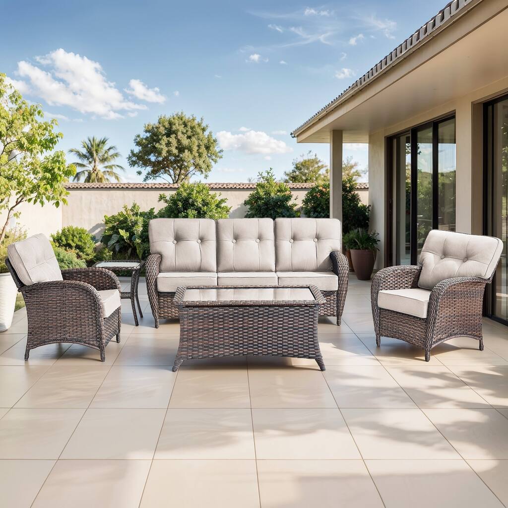 Gymojoy Outdoor Wicker Patio Furniture Set, 5" Thick Cushioned Rattan Conversation Set with Sofa & Chairs