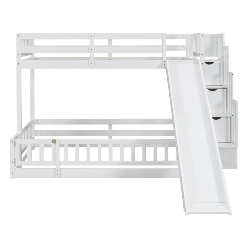 Twin Over Full Size Floor Bunk Bed with Slide and Safety Guardrails, Wooden Bunk Bedframe with Storage Staircase and Fence