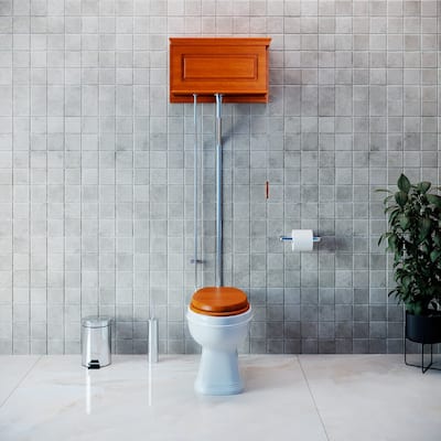 High Tank Toilet - Light Mahogany Raised Tank, Round White Bowl and Chrome Plated L Pipe Renovators Supply