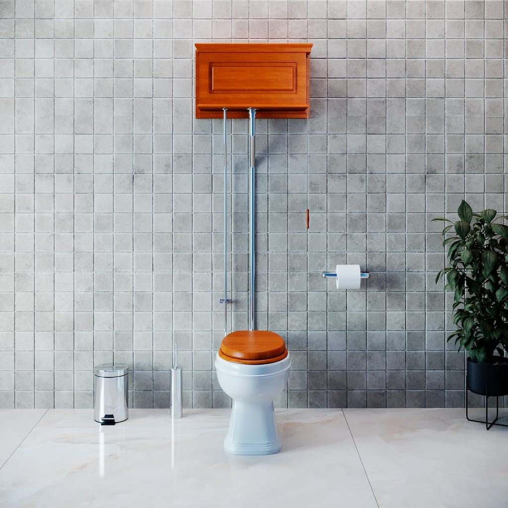 High Tank Toilet - Light Mahogany Raised Tank, Round White Bowl and Chrome Plated L Pipe Renovators Supply