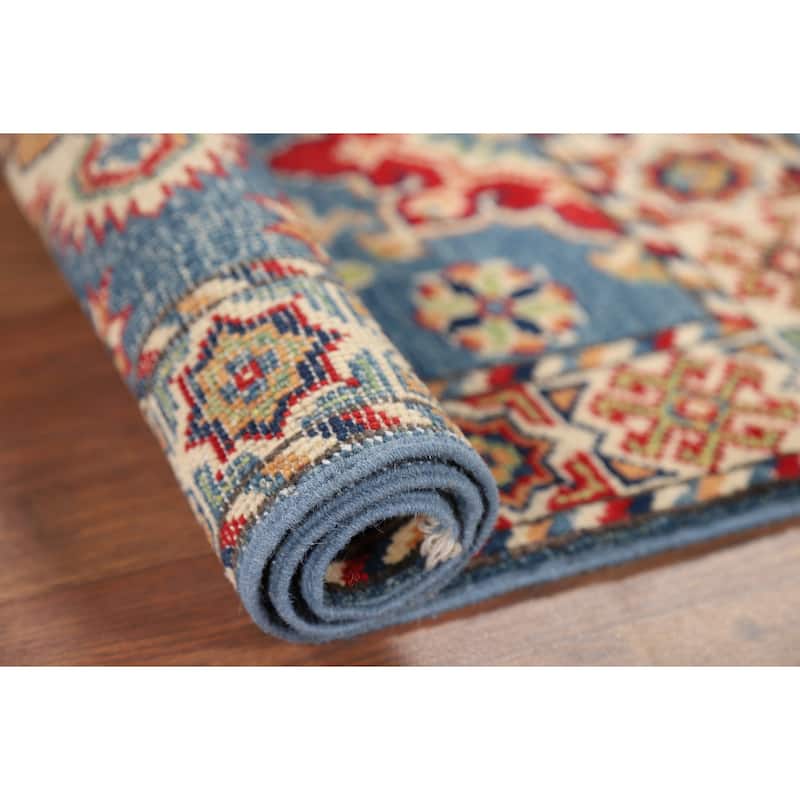 Hand Knotted Oriental 100% Wool Carpet Traditional Geometric Navy Blue & Blues Kazak Area Rug - 2' 11'' X 1' 11''
