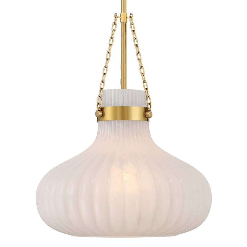Bellevue SHP77026 15" Wide Pendant with Ribbed Strié Glass Shade - Natural Brass