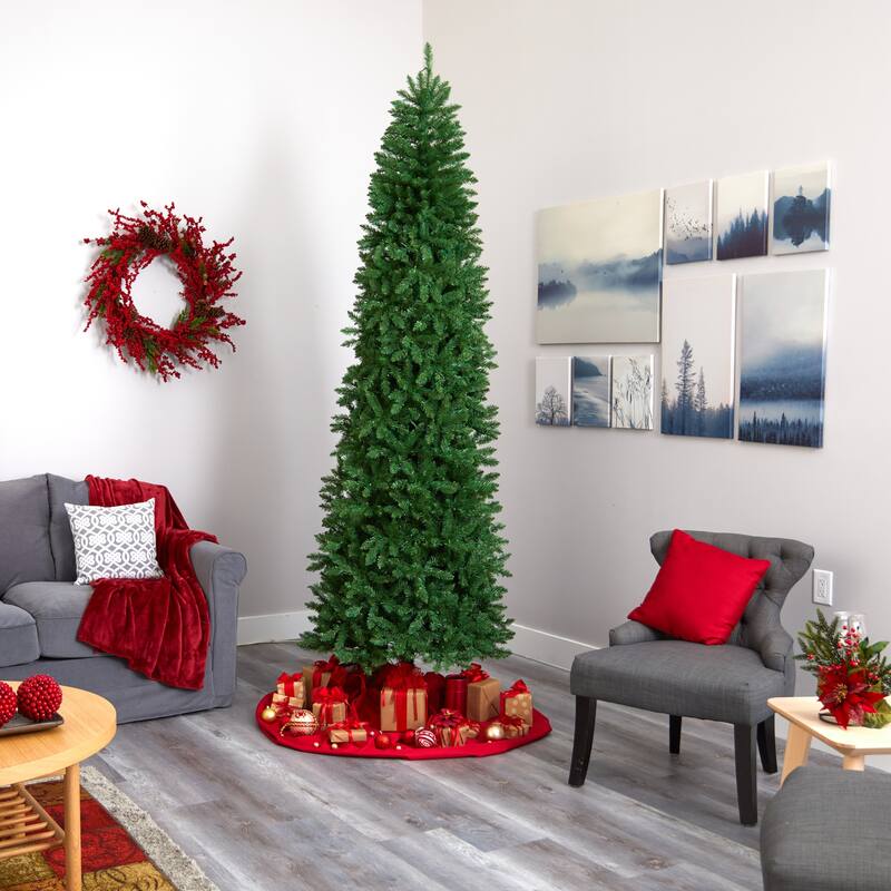 9ft Artificial Christmas Tree Slim Pencil Tree, Prelit Green Pine Tree with Metal Stand, Holiday Decor - 108