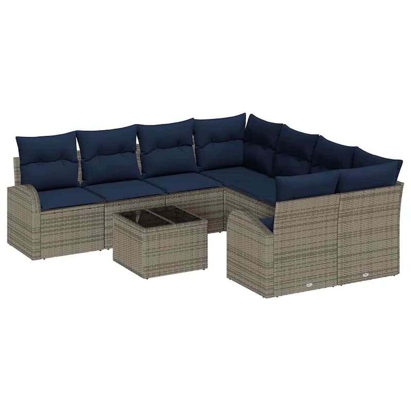 vidaXL 9 Garden Sofa Set with Cushions Black/Brown/Grey Poly Rattan - 92.1 x 92.1 x 27.2