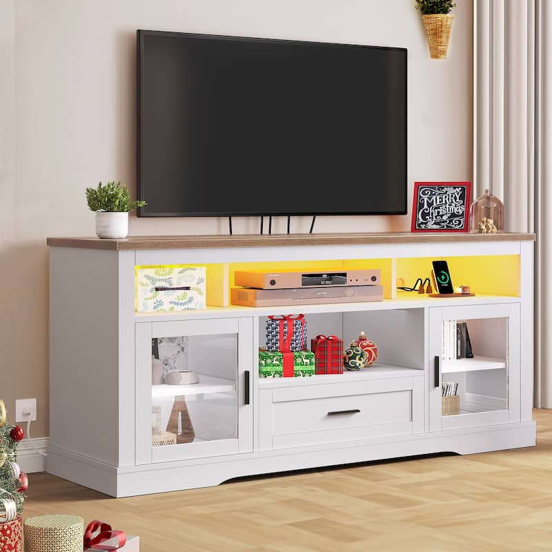 Moasis LED Farmhouse TV Stand for TV up to 65" Highboy Entertainment Center with Acrylic Doors