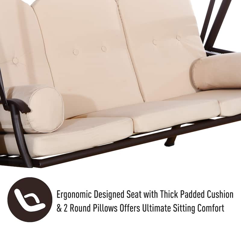 Outsunny Outdoor Patio 3-Person Canopy Cushioned Seat Bench Swing with Included Side Trays & Padded Comfort