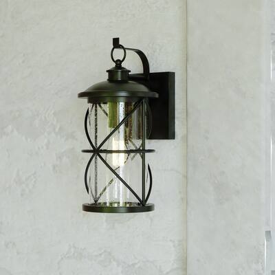 VAXCEL Adams 1-Light Black Dusk to Dawn Sensor Outdoor Wall Sconce, Durable Steel, Clear Seeded Glass Shade, LED Compatible