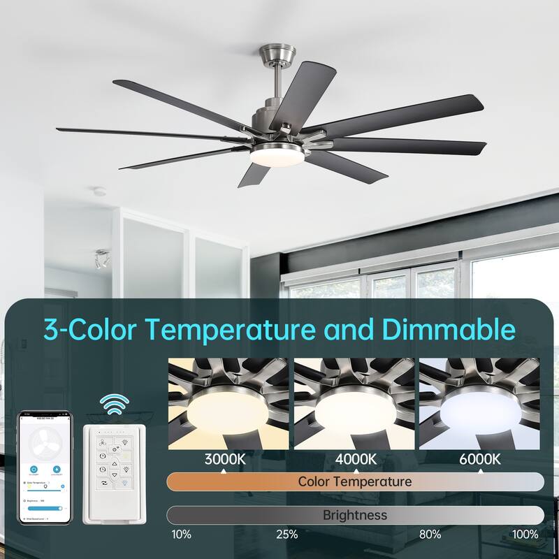 52 Inch/66 Inch/72 Inch Modern Ceiling Fan with Dimmable LED Light ,Remote&APP Control,8 Blades for Large Living Room,Porch