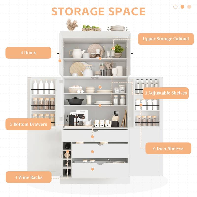 77" Tall Buffet Sideboard Storage Cabinet for Dining Room, Freestanding Kitchen Pantry Cabinetwith Drawers and Wine Racks