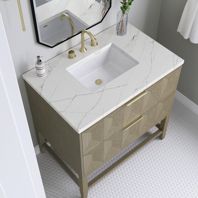 James Martin Vanities Emmeline 36" Single Vanity, Pebble Oak - Ethereal Noctis Quartz