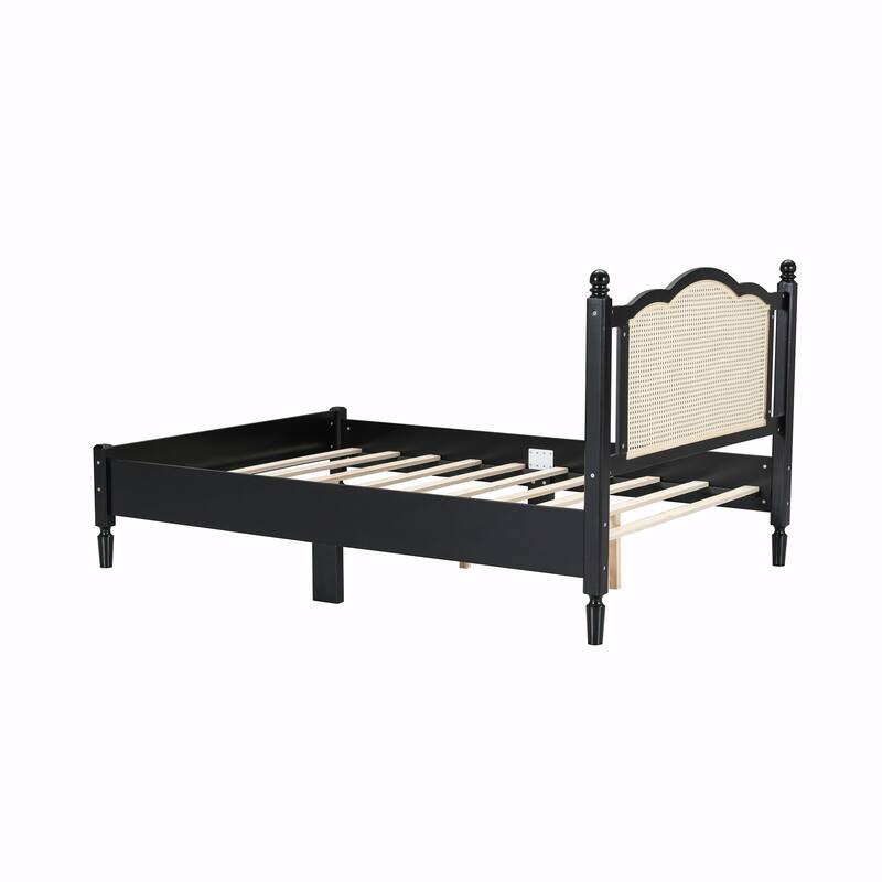 Wooden Platform Bed with Rattan Headboard and Slat Support