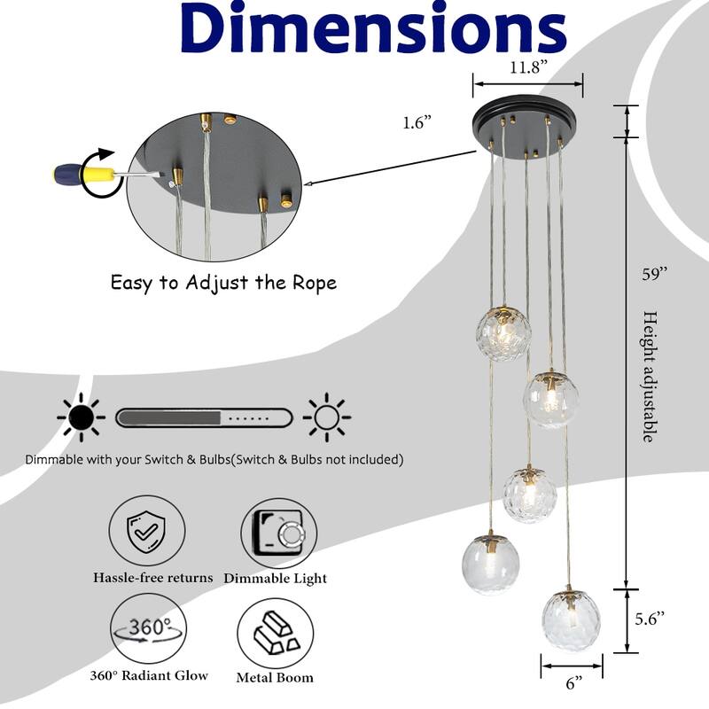 5-Light Modern Clear Ripple Glass Staircase Chandelier Globe Bubble Textured Glass Pendant In Matte Black For Foyer Entryway
