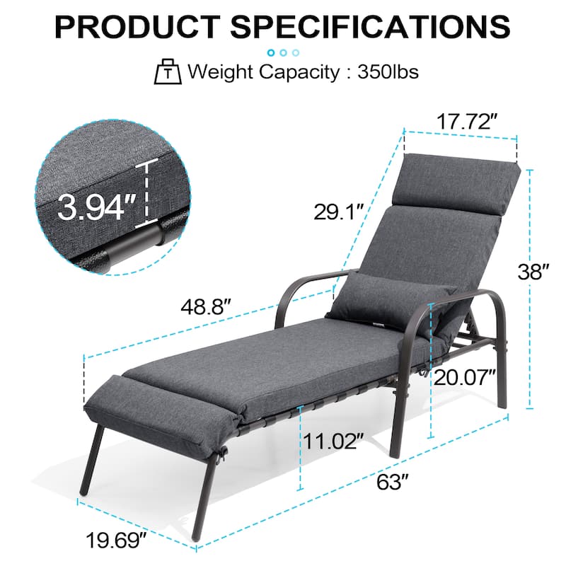 Outdoor All-weather Cushioned Adjustable Chaise Lounge Chairs Patio Pool Loungers