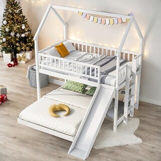 Twin Over Full Bunk Bed With Slide,Built-in Ladder,Guardrail for Home