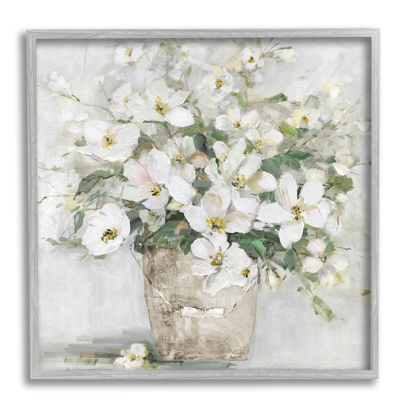 Stupell Farmhouse Poppies Floral Blossom Bouquet Country Bucket Framed Wall Art - Off-White