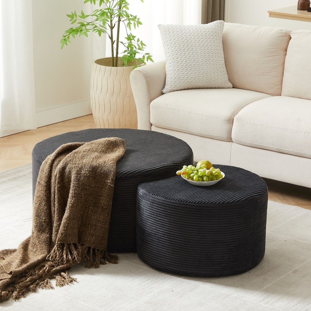 Nesting Tables Set of 2, Corduroy Upholstered Round Coffee Table and Crescent Moon Side Table Set of 2, End Tables Ottomans