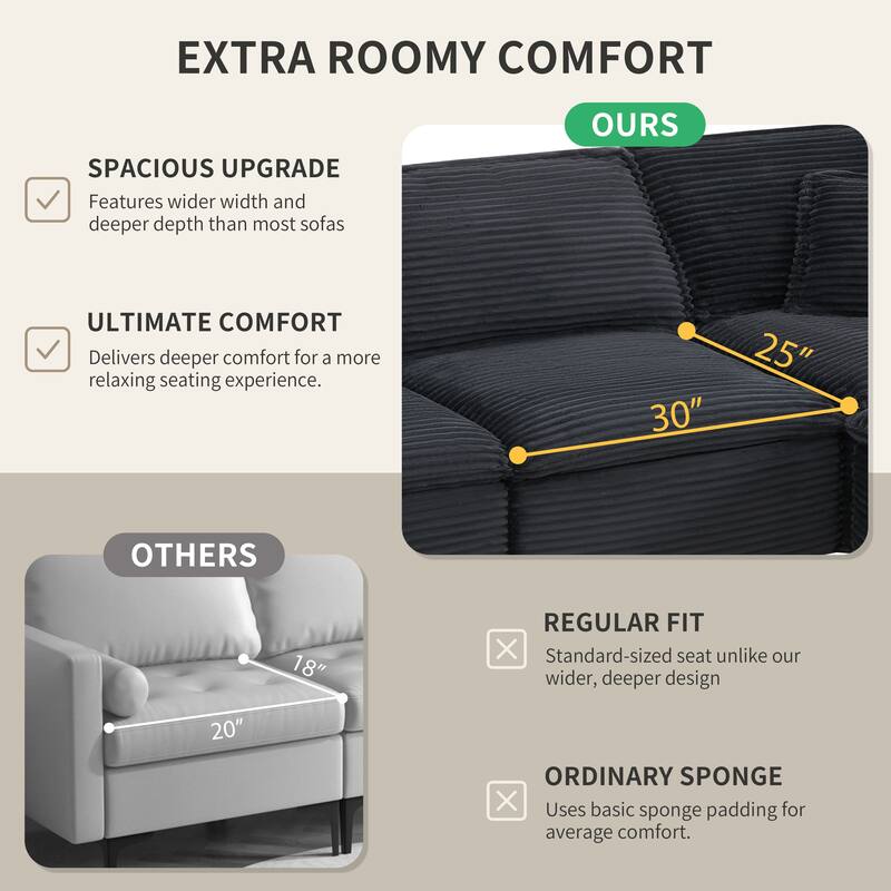 U-Shaped Sectional Sofa Set, Oversized Modular Deep Seat Sofa Corduroy Cloud Like Couch with 2 Movable Ottomans