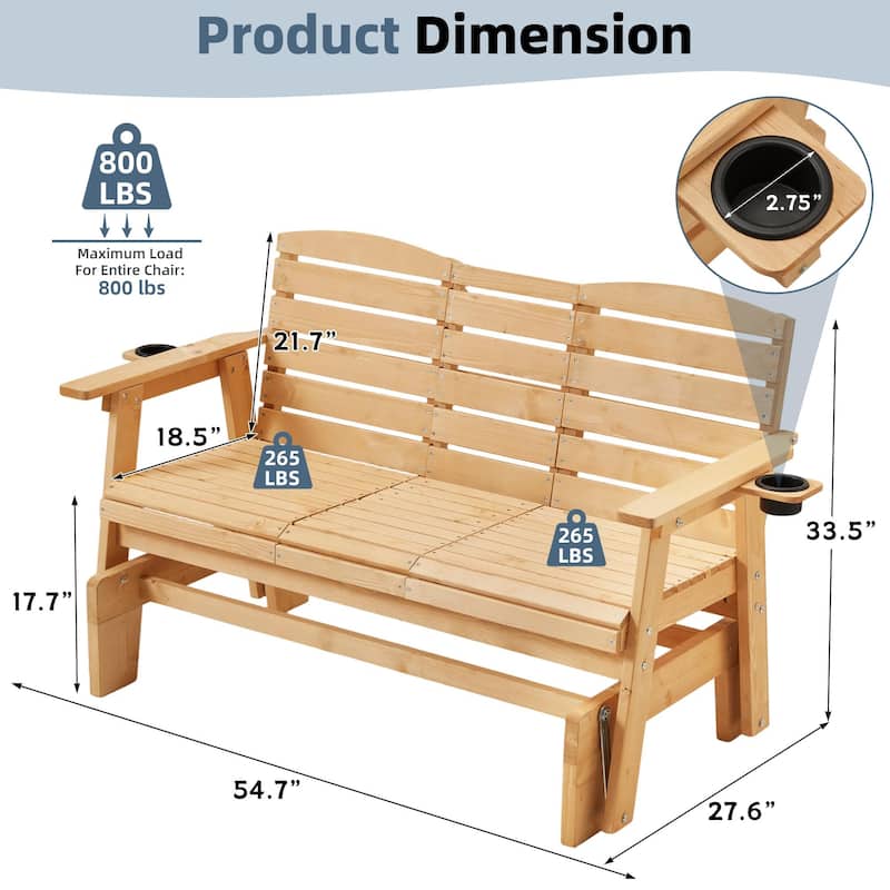 All-Weather Outdoor Glider Chair with Cup Holders, High Backrest & Wide Armrests, Perfect for Gardens, Patios, and Porches