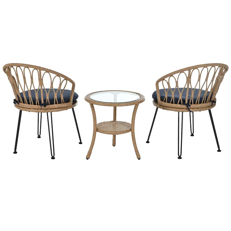 Outdoor Leisure Set, 2 Rattan Single Chairs with 1 Glass Round Table