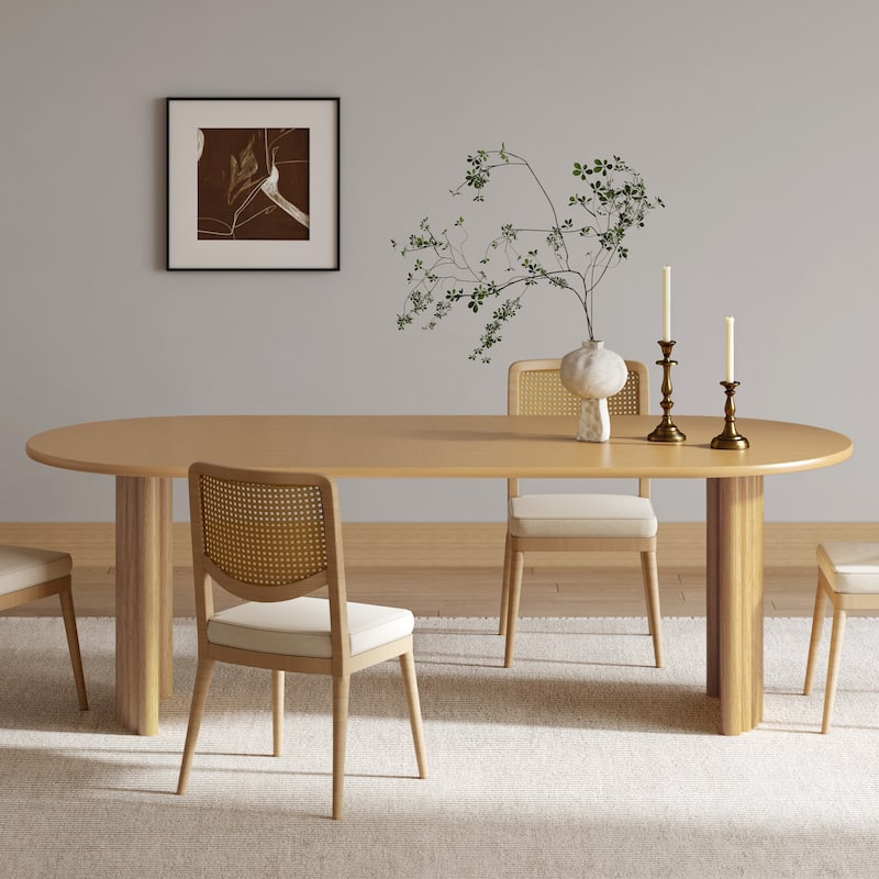 Oval Dining Table with Arc-Shaped Edge Top and Stripes Base Modern Farmhouse Kitchen Table for Living Room Dining Room