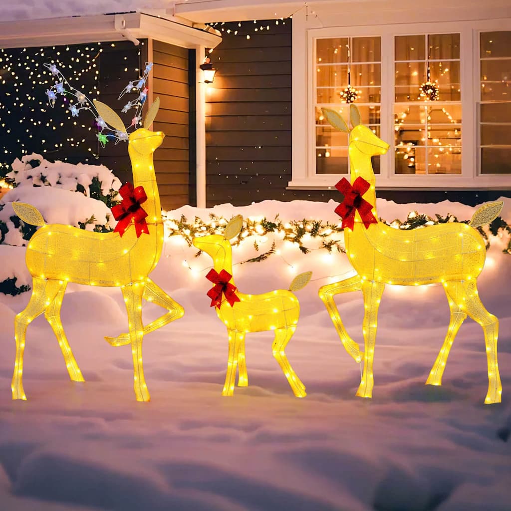 Costway 3 PCS Lighted Family Deer Set with LED Lights RGB Flashing - Brown - See Details