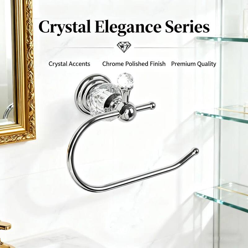 Chrome Towel Ring With Crystal Handle - Elegant Wall-Mounted Bathroom Hand Towel Holder - 5.12'' H X 3.74'' W X 7.48'' D