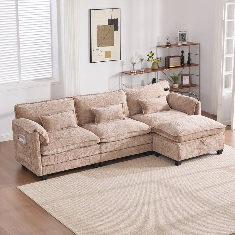 Modern Chenille Chaise Couch L-shaped Sectional Sofa with Storage Ottoman, Phone Holder, USB/Type-C Ports and Side Pockets - Khaki