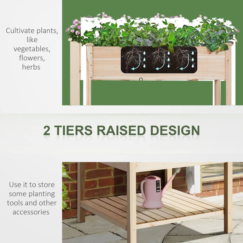 Countryside Style Garden Bed with Storage Shelf, 2 Tiers Elevated Box, for Vegetable Flower Herb Patio Balcony and Backyard