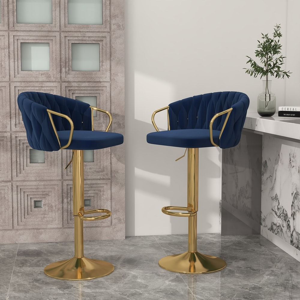Set of 2 Bar Stool Adjustable Height Swivel Velvet Woven