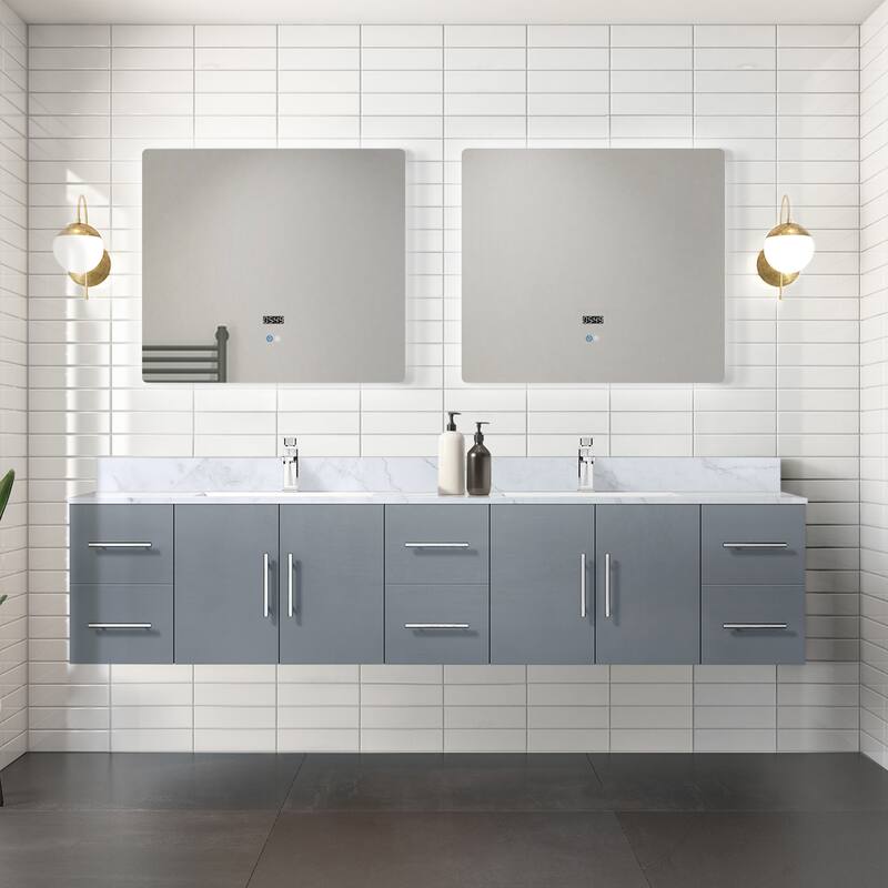 Geneva 84 in. W x 22 in. D Dark Grey Double Bath Vanity, Carrara Marble Top, and 36 in. LED Mirrors - Grey - Double Vanities