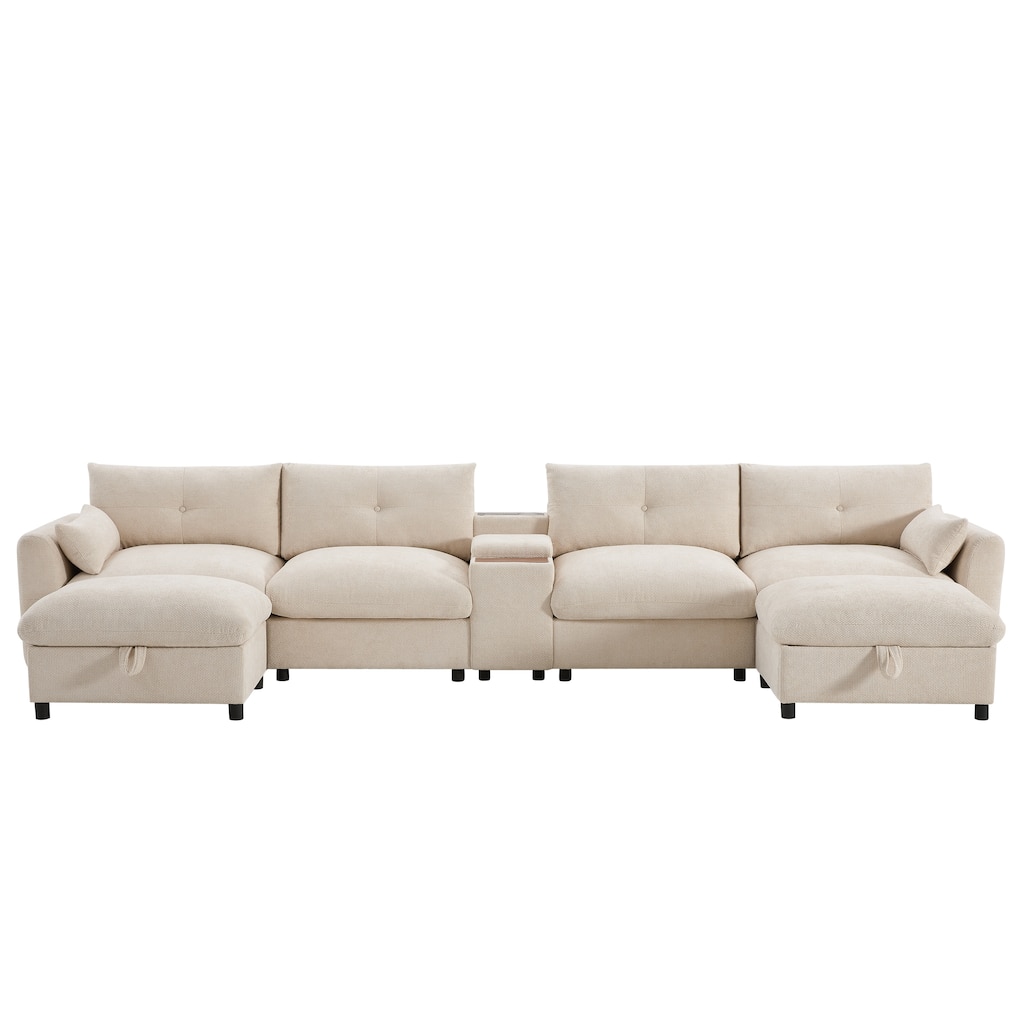 142" Modular U Shaped Sectional Sofa with Storage Ottomans and Console