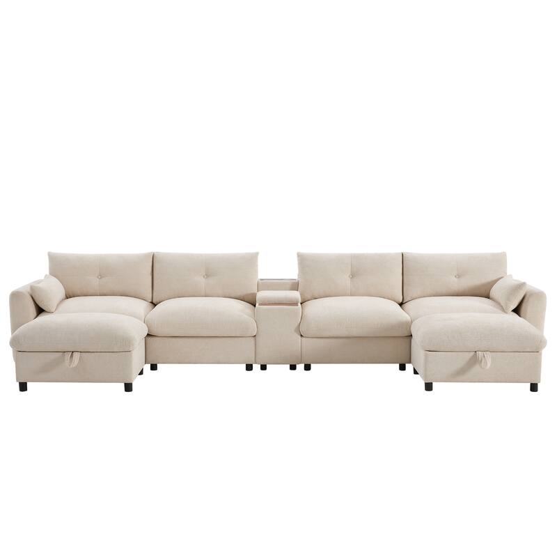 Roomfitters 136'' Modular U-Shaped Sectional Sofa with Console, Cup Holder, USB, Storage Ottoman, Chenille