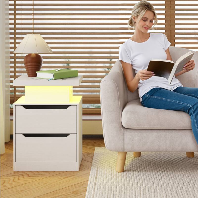 Modern Wood Nightstand with Charging Station, 2 Drawers, Bedside Table with LED Lights