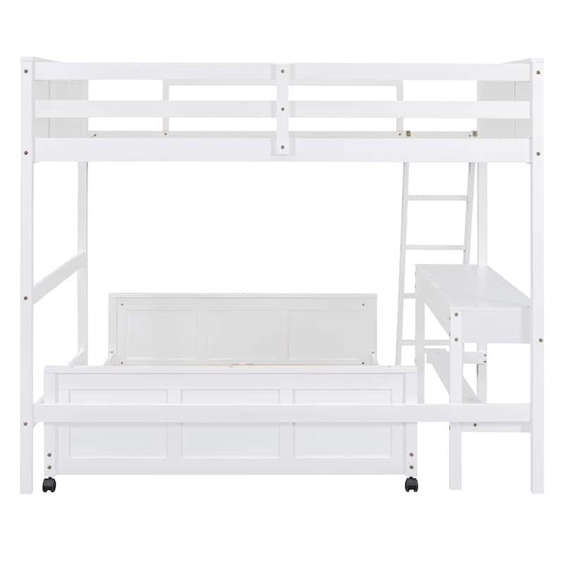 Full Over Full Bunk Bed, Platform Bed with Wheels, Loft Bed with Built-in Desk, Drawers, Ladder and Guardrail for Kids, Teen