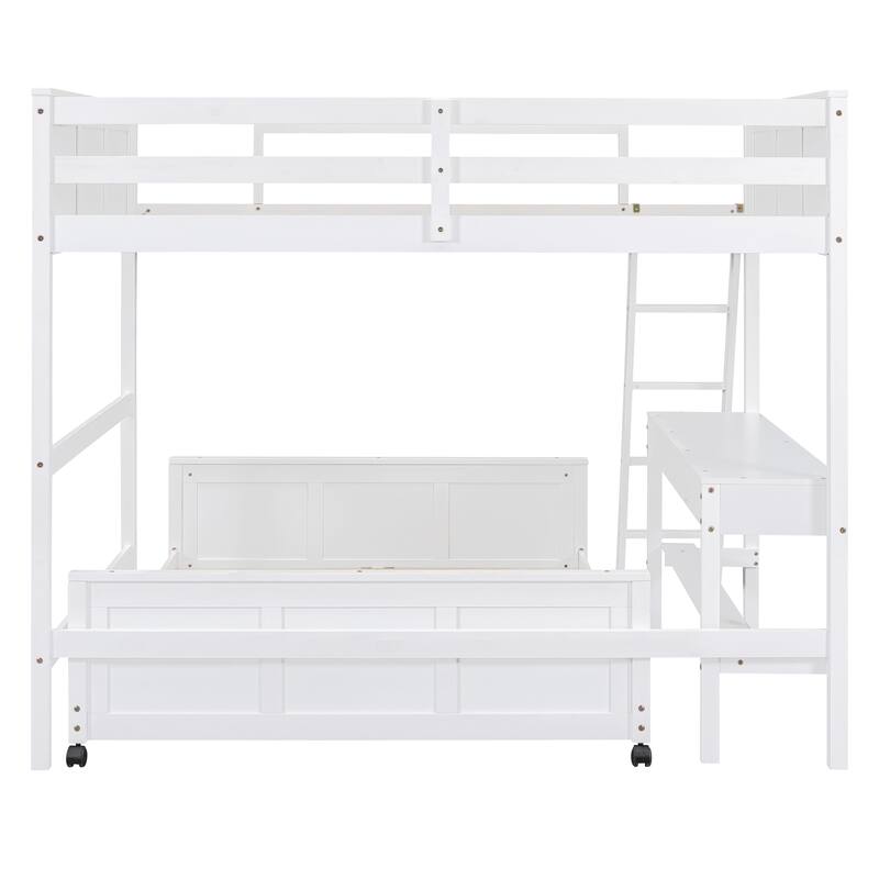 Space-Saving Twin Over Full Bunk Bed with Desk and Drawers - Solid Pine Construction, White/Grey