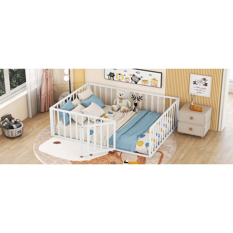 Metal Floor Bed Frame with Fence & Door