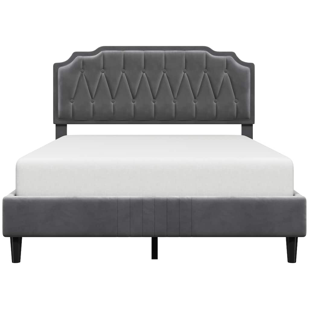 Yaheetech Wooden Slat Support Bed Frame with Button Tufted Headboard