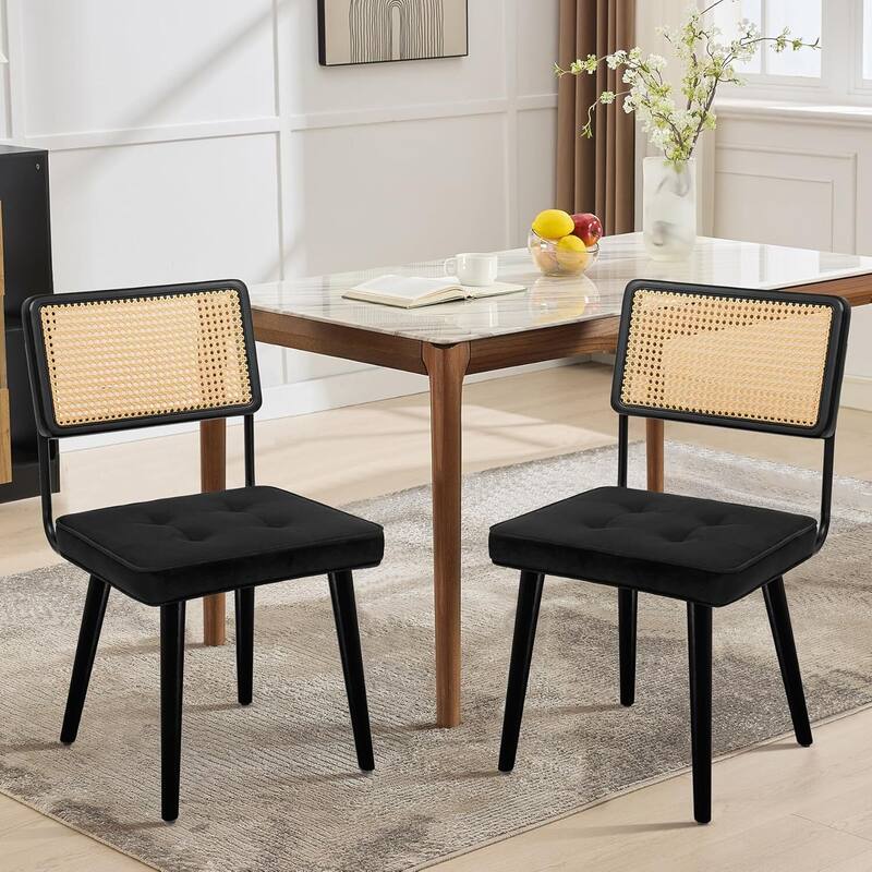 Set of 2 Natural Rattan Kitchen Dining Chairs for Dining Room - Black