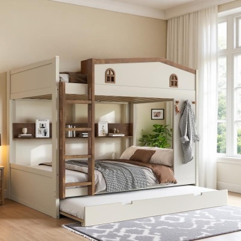 Full over Full Solid Wood Bunk Bed with Pull-Out Trundle, Shelves & Hooks, Multi-Storage Design