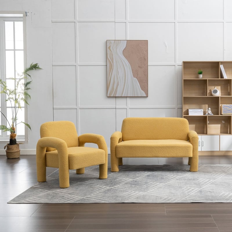 SEYNAR Mid-Century Modern Boucle 51'' Solid Wood Curved Sofa Set of 2 with Accent chair