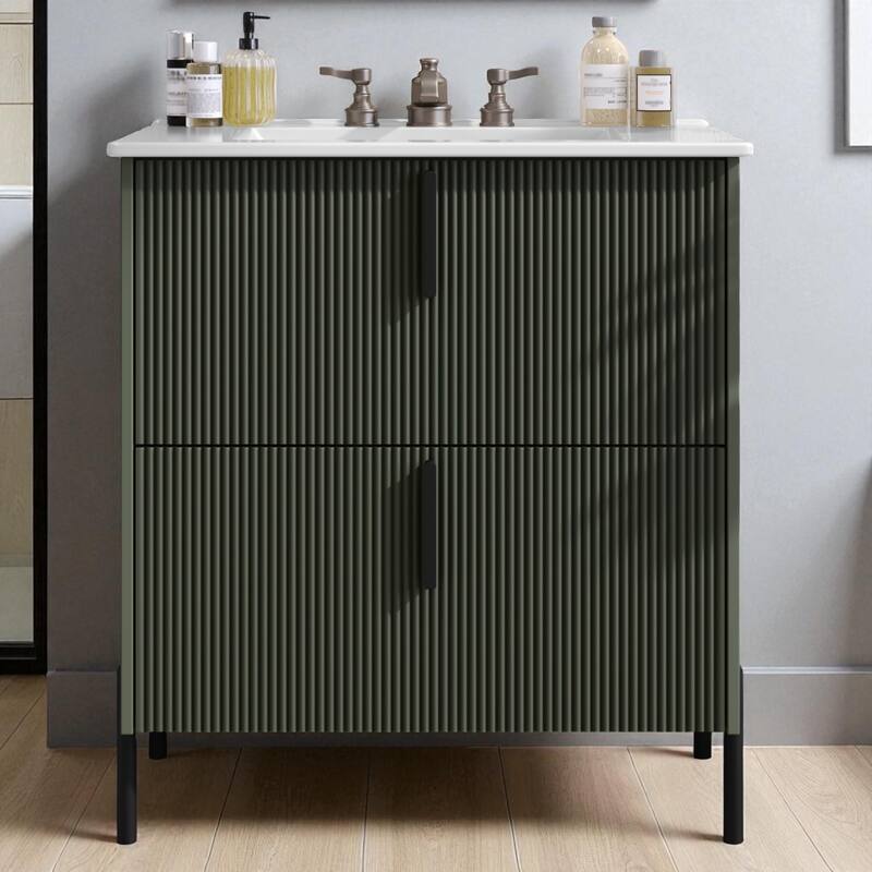 30" Bathroom Vanity with Ceramic Sink, Full-Extension Drawers, Soft-Close Undermount Slides and Fluted Design - Green