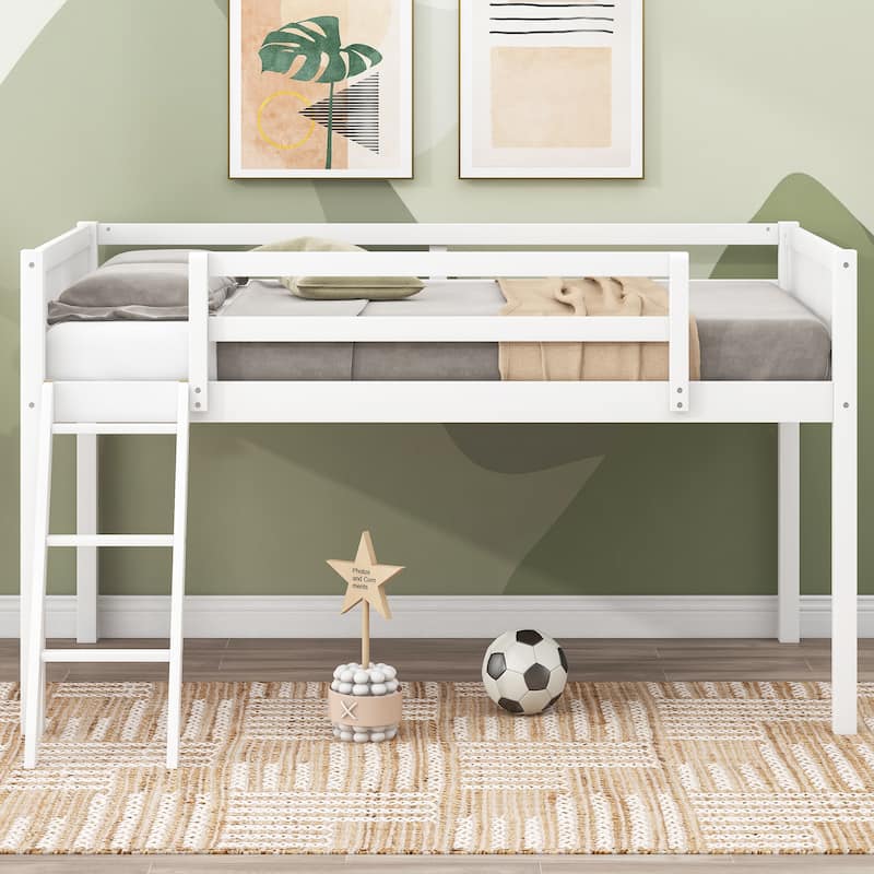 Wood Low Loft Bed with Ladder, Ladder Can Be Placed on the Left or Right